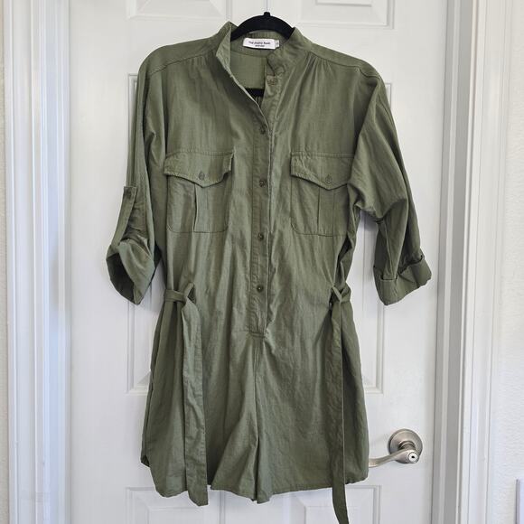 Embroidered Floral Army Green Cargo Romper Short Roll Sleeves Tie Waist Button - Picture 1 of 10